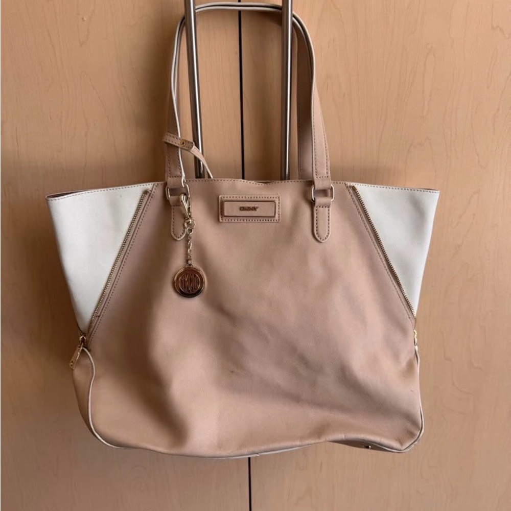 DKNY Two-Tone Beige and White Leather Tote